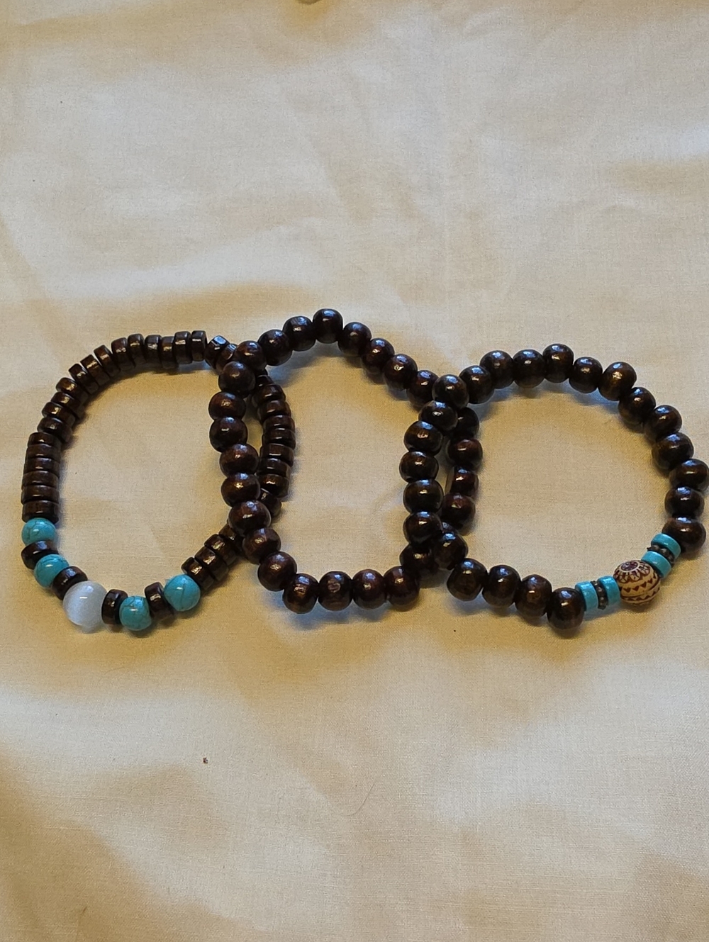 Boho Brown Wood Bead Bracelet Stack with Turquoise Accents